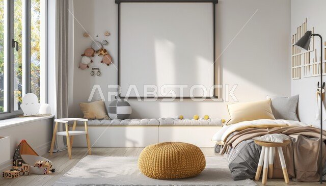 النوافذ والواجهات الزجاجية، غرفة نوم الأبناء بديكور بسيط، الديكورات والتصاميم العصرية على الطراز الحديث، لوحة بيضاء فارغة معلقة على الجدار، الأثاث المنزلي الراقي، الشقق والفلل السكنية في المملكة العربية السعودية