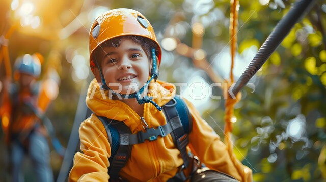 رغبة الاستكشاف والاستطلاع، صورة مقربة لولد عربي خليجي سعودي يرتدي خوذة الحماية يمسك بالحبل يستمتع برحلة برية في الغابة، مفهوم التسلق بالغابات، جولات سياحية ترفيهية في حدائق المملكة العربية السعودية