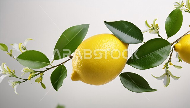 فاكهة غنية بالفيتامينات، ثمار الليمون الحامض اللذيذ، حمضيات مع الأوراق الخضراء الطازجة، محاصيل وطنية محلية سعودية، خلفية بيضاء