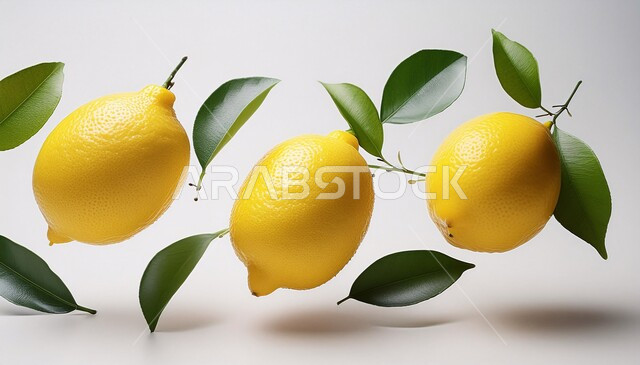 حبات من ثمار الليمون الحامض اللذيذ، فاكهة غنية بالفيتامينات، حمضيات مع الأوراق الخضراء الطازجة، محاصيل وطنية محلية سعودية، خلفية بيضاء