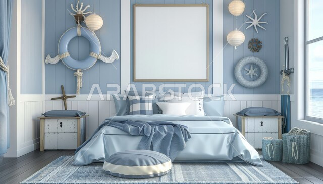 غرفة نوم الأبناء بديكور بسيط باللون الأزرق، النوافذ والواجهات الزجاجية، الديكورات والتصاميم العصرية على الطراز الحديث، لوحة بيضاء فارغة معلقة على الجدار، الأثاث المنزلي الراقي، الشقق والفلل السكنية في المملكة العربية السعودية