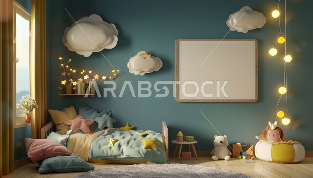 ألعاب وزينة مضيئة، غرفة نوم الأبناء بديكور بسيط، الديكورات والتصاميم العصرية على الطراز الحديث، لوحة بيضاء فارغة معلقة على الجدار، الأثاث المنزلي الراقي، الشقق والفلل السكنية في المملكة العربية السعودية