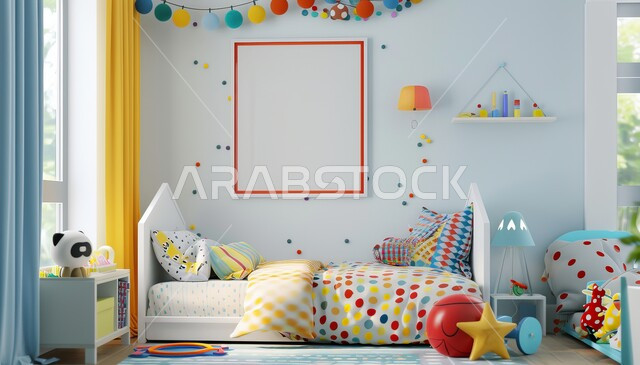 الديكورات والتصاميم العصرية على الطراز الحديث، لوحة بيضاء فارغة معلقة على الجدار وألعاب ملونة، غرفة نوم الأبناء بديكور بسيط ، واجهات ونوافذ زجاجية، الأثاث المنزلي الراقي، الشقق والفلل السكنية في المملكة العربية السعودية