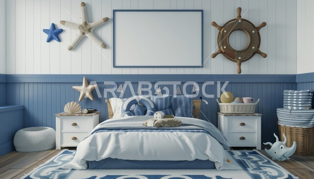 التصاميم والديكورات العصرية على الطراز الحديث، لوحة بيضاء فارغة معلقة على الجدار وألعاب مرتبة، غرفة نوم الأبناء بديكور بسيط باللون الأزرق، الأثاث المنزلي الراقي، الشقق والفلل السكنية في المملكة العربية السعودية