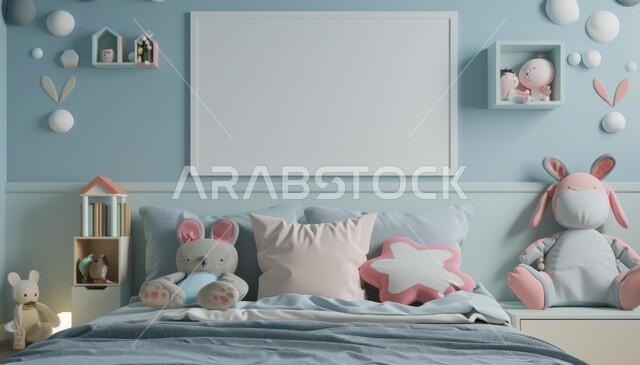 الأثاث المنزلي الراقي، التصاميم والديكورات العصرية على الطراز الحديث، لوحة بيضاء فارغة معلقة على الجدار وألعاب مرتبة، غرفة نوم الأبناء بديكور بسيط باللون الأزرق، الشقق والفلل السكنية في المملكة العربية السعودية