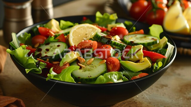 أطعمة غنية بالفيتامينات، وجبات طعام صحية ومفيدة، حمية غذائية للمحافظة على اللياقة البدنية، أطباق المقبلات العربية والمأكولات الشرقية، صورة مقربة لطبق من السلطة المليء بالخضراوات الطازجة