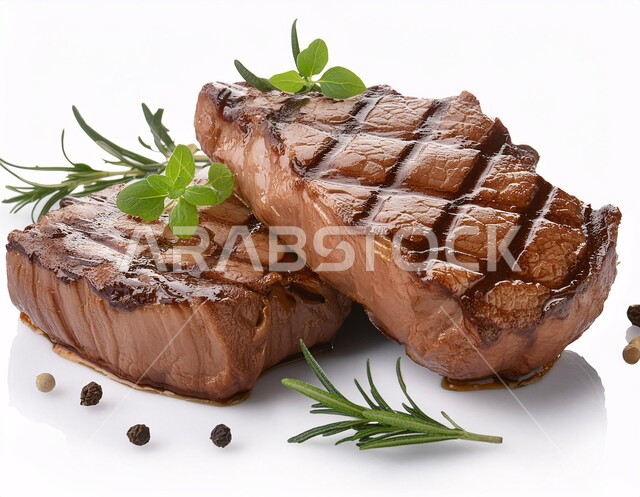 وصفات وأطباق متميزة في مطابخ المملكة العربية السعودية، مطاعم الأكلات السريعة، المأكولات العربية الشرقية الشهية، وجبات لحوم الضأن الصحية، صورة مقربة لشريحة من ستيك اللحم المشوي مع إكليل الجبل و البهارات، خلفية بيضاء