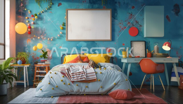 طاولة وكرسي مريح للدراسة، الأثاث المنزلي الراقي، التصاميم والديكورات العصرية على الطراز الحديث، لوحة بيضاء فارغة معلقة على الجدار، غرفة نوم الأبناء بديكور بسيط، الشقق والفلل السكنية في المملكة العربية السعودية