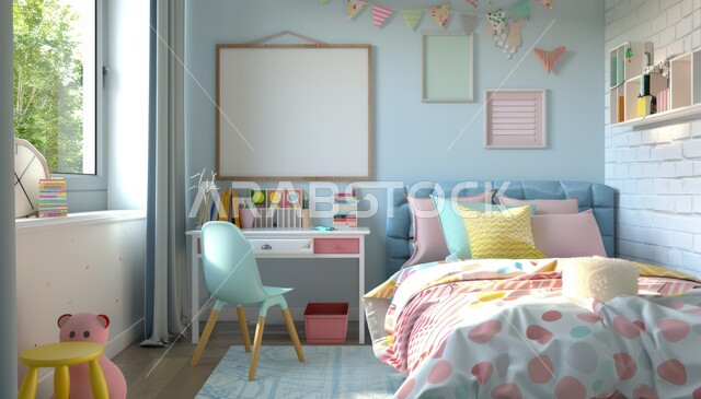 كرسي مريح وطاولة للدراسة، الأثاث المنزلي الراقي، التصاميم والديكورات العصرية على الطراز الحديث، لوحة بيضاء فارغة معلقة على الجدار، غرفة نوم الأبناء بديكور بسيط، الشقق والفلل السكنية في المملكة العربية السعودية