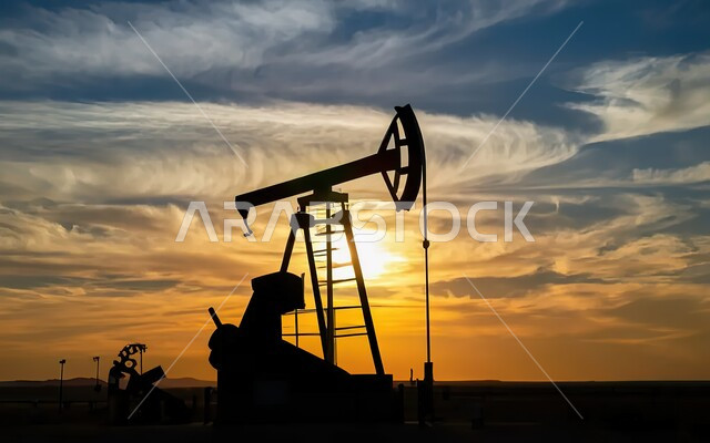 استنباط النفط والزيوت، الثروات الباطنية في المملكة العربية السعودية، جودة أدوات ومعدات استخراج البترول، صورة ظليلية لحفارة تقوم بالتنقيب عن النفط في الصحراء وقت غروب الشمس، سالوليت