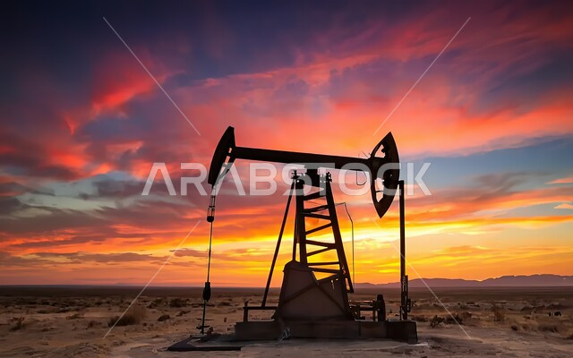 جودة أدوات ومعدات استخراج البترول، استنباط النفط والزيوت، الثروات الباطنية في المملكة العربية السعودية، صورة ظليلية لحفارة تقوم بالتنقيب عن النفط في الصحراء وقت غروب الشمس، سالوليت