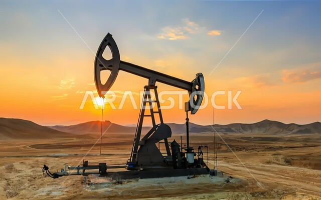 الثروات الباطنية في المملكة العربية السعودية، استنباط النفط والزيوت، جودة أدوات ومعدات استخراج البترول، صورة ظليلية لحفارة تقوم بالتنقيب عن النفط في الصحراء وقت غروب الشمس، سالوليت