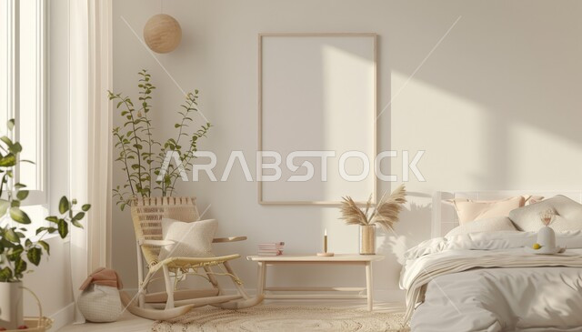 لوحة بيضاء فارغة معلقة على الجدار، غرفة نوم الأبناء بديكور بسيط، الفلل والشقق السكنية في المملكة العربية السعودية، الأثاث المنزلي الراقي، التصاميم والديكورات العصرية على الطراز الحديث