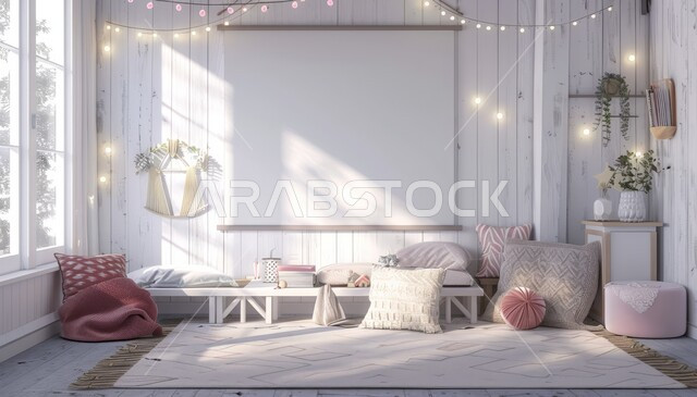 دخول أشعة الشمس من نافذة زجاجية، لوحة بيضاء فارغة معلقة على الجدار، غرفة نوم الأبناء بديكور بسيط، الفلل والشقق السكنية في المملكة العربية السعودية، الأثاث المنزلي الراقي، التصاميم والديكورات العصرية على الطراز الحديث