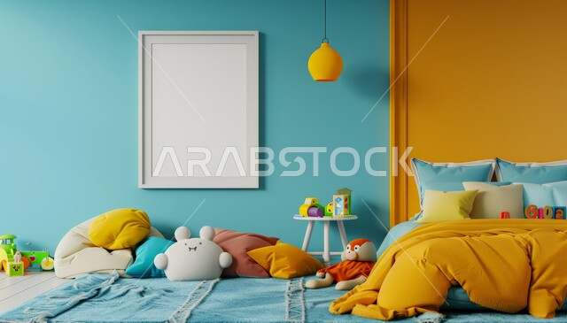 تصميم وديكور داخلي عصري على الطراز الحديث، الفن الهندسي لغرفة نوم الأبناء بألوان متنوعة، لوحة بيضاء معلقة على الجدار، تحف واكسسوارات لغرف الأطفال، سرير مريح وأثاث منزلي راقي، الفلل والشقق السكنية في السعودية