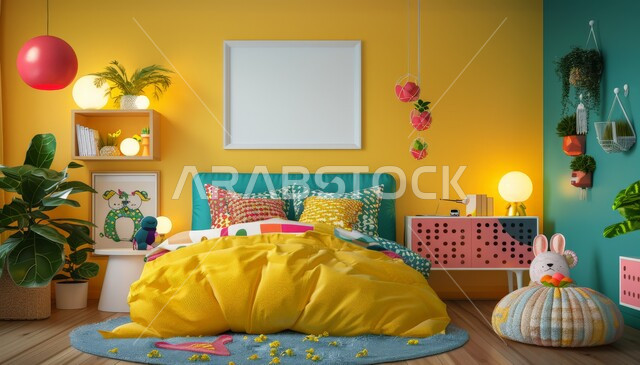 Modern style interior design and decoration, geometric art for children's bedroom in various colors, white board hanging on the wall, antiques and accessories for children's rooms, comfortable bed and high-end home furniture, villas and residential apartments in Saudi Arabia