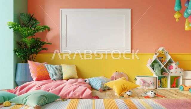 تحف واكسسوارات لغرف الأطفال، لوحة بيضاء معلقة على الجدار، ديكور داخلي وتصميم عصري على الطراز الحديث، الفن الهندسي لغرفة نوم الأبناء بألوان متنوعة، سرير مريح وأثاث منزلي راقي، الفلل والشقق السكنية في السعودية