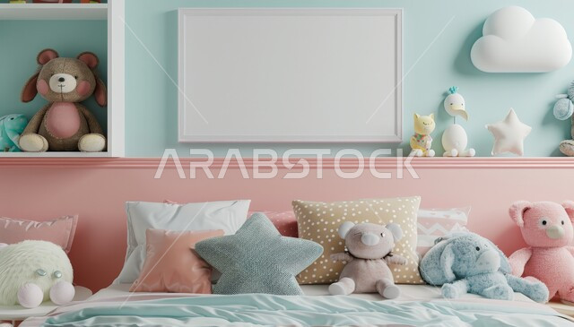 سرير مريح وأثاث منزلي راقي، اكسسوارات وتحف لغرف الأطفال، لوحة بيضاء معلقة على الجدار، ديكور داخلي وتصميم عصري على الطراز الحديث، الفن الهندسي لغرفة نوم الأبناء، الفلل والشقق السكنية في السعودية