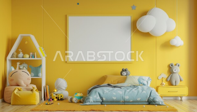 Use of yellow color in the decoration of the children's bedroom, comfortable bed and high-end home furniture, accessories and antiques for children's rooms, a white board hanging on the wall, interior decorations and modern designs in the modern style, villas and residential apartments in Saudi Arabia