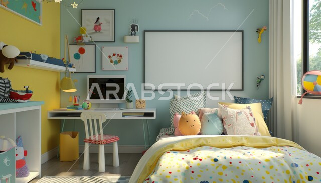 مكتب وكرسي مريح للدراسة، الفن الهندسي لغرفة نوم الأبناء، أثاث منزلي راقي، اكسسوارات وتحف لغرف الأطفال، لوحة بيضاء معلقة على الجدار، ديكورات داخلية وتصاميم عصرية على الطراز الحديث، الفلل والشقق السكنية في السعودية