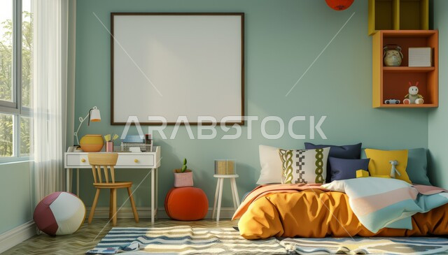 كرسي مريح ومكتب للدراسة، الفن الهندسي لغرفة نوم الأبناء، أثاث منزلي راقي، اكسسوارات وتحف لغرف الأطفال، لوحة بيضاء معلقة على الجدار، ديكورات داخلية وتصاميم عصرية على الطراز الحديث، الفلل والشقق السكنية في السعودية