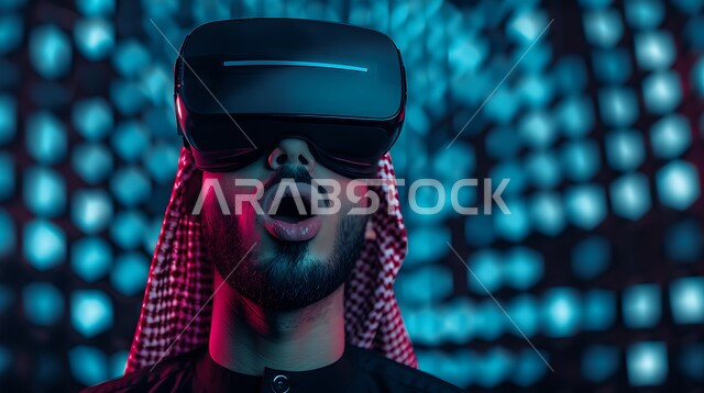 Astonishment and amazement at seeing something, entertainment and enjoyment of watching movies and simulating the imaginary world, gestures of interaction and integration, the concept of technical and technological development, a close-up of a young Saudi Arabian Gulf man wearing 3D virtual reality glasses