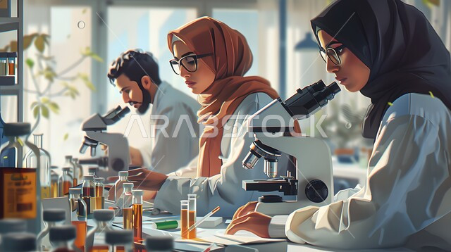 Conducting chemical experiments in the laboratory using test tubes, research, development, and carrying out scientific tests, sitting in the chemistry laboratory, a close-up photo of a group of Saudi Gulf Arab students in the laboratory in front of the glass tubes
