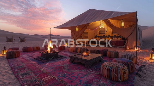 Quiet night atmosphere in front of firewood burners, tourist camps in the deserts of the Kingdom of Saudi Arabia, adventure places and wild camps, fun youth camping atmosphere, popular tents in desert areas, nature and soft golden sand.