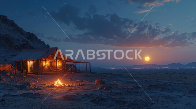الطبيعة والرمال الذهبية الناعمة، أجواء ليلية هادئة أمام شعلى الحطب, مخيمات سياحية في صحاري المملكة العربية السعودية, أماكن المغامرات والكشتات البرية, أجواء التخييم الشبابية الممتعه, خيام شعبية في المناطق الصحراوية