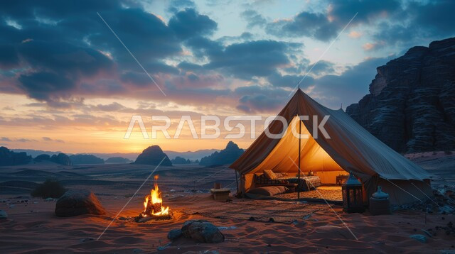 المغامرات والكشتات البرية، أجواء التخييم الشبابية الممتعه، خيام شعبية في المناطق الصحراوية، الطبيعة والرمال الذهبية الناعمة، أجواء ليلية هادئة أمام شعلى الحطب, مخيمات سياحية في صحاري المملكة العربية السعودية