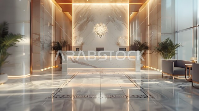 Interior designs and decorations for luxury hotels and resorts, hotel lobby with modern modern designs, offices and commercial companies in the Kingdom of Saudi Arabia, the elegant, embossed design of the entrance and reception area in the hotel