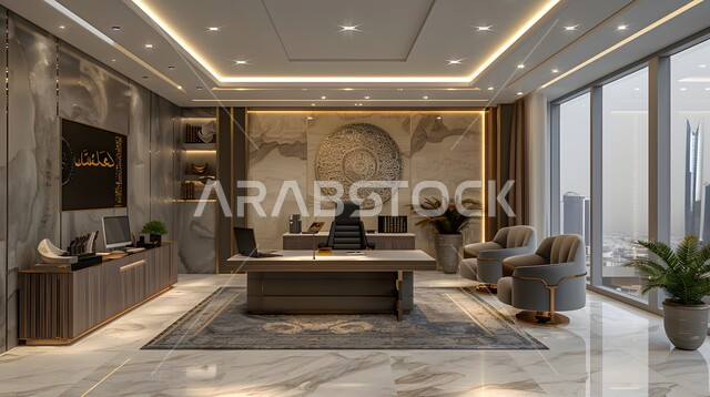 Interior designs and decorations for luxury hotels and resorts, hotel lobby with modern modern designs, offices and commercial companies in the Kingdom of Saudi Arabia, the elegant, embossed design of the entrance and reception area in the hotel