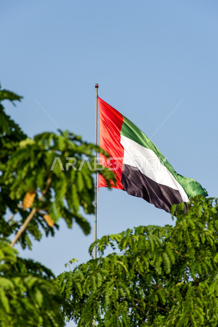 يوم استقلال الإمارات، صورة مقربة لعلم الإمارات العربية المتحدة يرفرف في السماء، الإحتفال باالعيد الوطني الإماراتي، هوية اليوم الوطني الإماراتي، حب الوطن والعلم