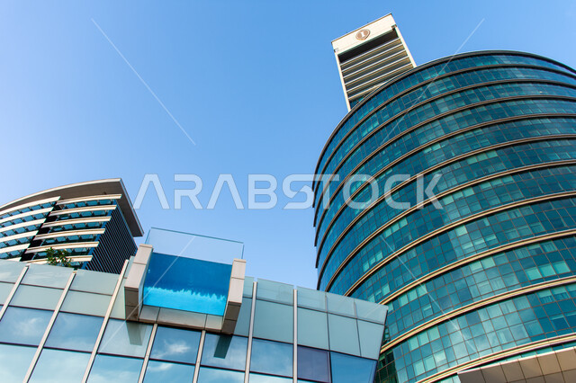 The unique architectural design of the InterContinental Dubai Festival City Hotel, a small swimming pool at the top of the building, hotels and resorts in Dubai in the United Arab Emirates, famous family entertainment destinations