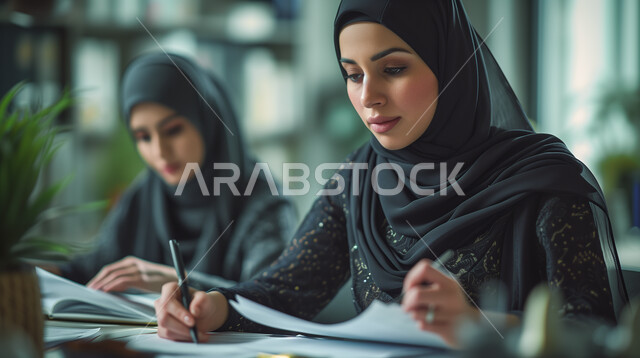 التمعن بالتقارير والأبحاث العلمية، قضاء الوقت بقراءة ومراجعة الدروس اليومية في مكتبات الجامعة، صورة مقربة لطالبة عربية خليجية سعودية محجبة تجلس في المكتبة تقوم بالدراسة بإيماءات التركيز والاجتهاد