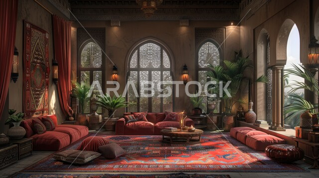 الهندسة الفنية المعمارية على الطراز المزخرف القديم، مجالس عربية تقليدية وغرفة جلوس مع أثاث منزلي، تحف واكسسوارات أنيقة، ديكور داخلي راقي للفلل والشقق السكنية في المملكة العربية السعودية، واجهه زجاجية مطلة على الاشجار والنباتات الخضراء