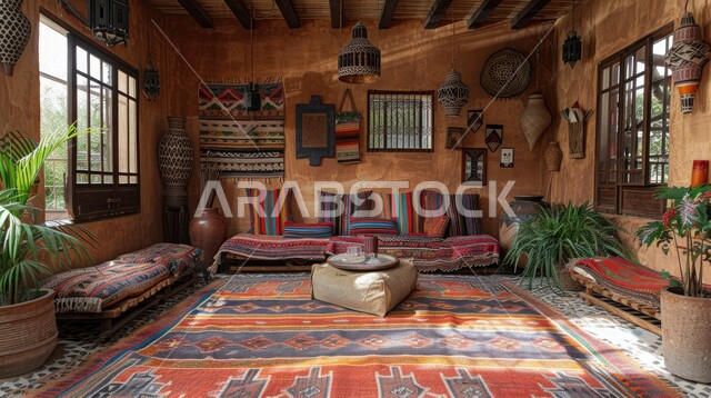الهندسة الفنية المعمارية على الطراز المزخرف القديم، مجالس عربية تقليدية وغرفة جلوس مع أثاث منزلي، تحف واكسسوارات أنيقة، ديكور داخلي راقي للفلل والشقق السكنية في المملكة العربية السعودية، واجهه زجاجية مطلة على الاشجار والنباتات الخضراء