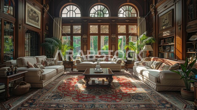 الهندسة الفنية المعمارية على الطراز المزخرف القديم، مجالس عربية تقليدية وغرفة جلوس مع أثاث منزلي، تحف واكسسوارات أنيقة، ديكور داخلي راقي للفلل والشقق السكنية في المملكة العربية السعودية، واجهه زجاجية مطلة على الاشجار والنباتات الخضراء
