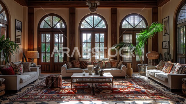 الهندسة الفنية المعمارية على الطراز المزخرف القديم، مجالس عربية تقليدية وغرفة جلوس مع أثاث منزلي، تحف واكسسوارات أنيقة، ديكور داخلي راقي للفلل والشقق السكنية في المملكة العربية السعودية، واجهه زجاجية مطلة على الاشجار والنباتات الخضراء