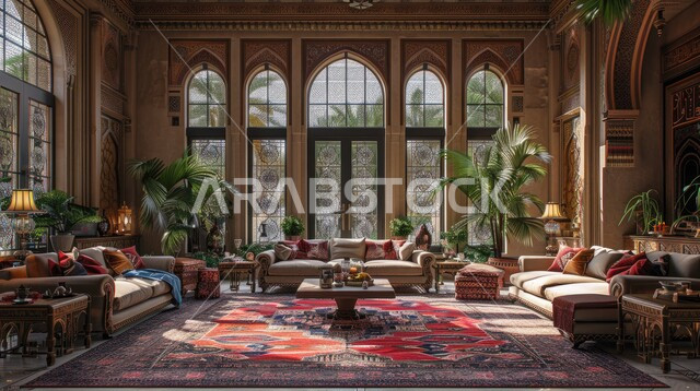 الهندسة الفنية المعمارية على الطراز المزخرف القديم، مجالس عربية تقليدية وغرفة جلوس مع أثاث منزلي، تحف واكسسوارات أنيقة، ديكور داخلي راقي للفلل والشقق السكنية في المملكة العربية السعودية، واجهه زجاجية مطلة على الاشجار والنباتات الخضراء