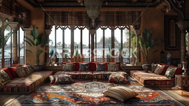 Glass facade overlooking trees and green plants, ancient ornate architecture, traditional Arabic majlis and living room with home furniture, elegant antiques and accessories, sophisticated interior decor for villas and residential apartments in the Kingdom of Saudi Arabia