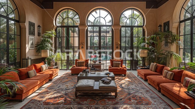  واجهه زجاجية مطلة على الاشجار والنباتات الخضراء، الهندسة الفنية المعمارية على الطراز المزخرف القديم، مجالس عربية تقليدية وغرفة جلوس مع أثاث منزلي، تحف واكسسوارات أنيقة، ديكور داخلي راقي للفلل والشقق السكنية في المملكة العربية السعودية