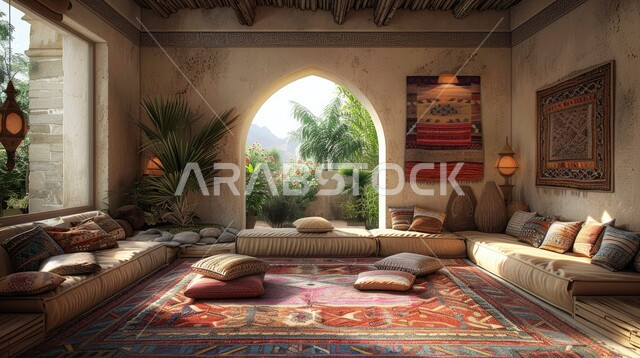  واجهه زجاجية مطلة على الاشجار والنباتات الخضراء، الهندسة الفنية المعمارية على الطراز المزخرف القديم، مجالس عربية تقليدية وغرفة جلوس مع أثاث منزلي، تحف واكسسوارات أنيقة، ديكور داخلي راقي للفلل والشقق السكنية في المملكة العربية السعودية