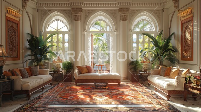 Caring for home ornamental plants, windows and glass facades overlooking nature, interior designs for modern-style living rooms, a living room with luxurious home furniture, upscale interior decor for villas and residential apartments in the Kingdom of Saudi Arabia