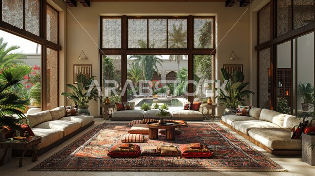 الاهتمام بنبات الزينة المنزلي، النوافذ والواجهات الزجاجية المطلة على الطبيعة، التصاميم الداخلية لغرف الجلوس على الطراز الحديث، غرفة معيشة مع أثاث منزلي فاخر، ديكور داخلي راقي للفلل والشقق السكنية في المملكة العربية السعودية