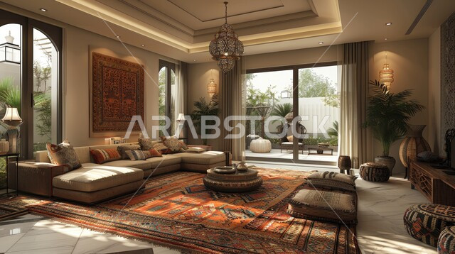 الاهتمام بنبات الزينة المنزلي، النوافذ والواجهات الزجاجية المطلة على الطبيعة، التصاميم الداخلية لغرف الجلوس على الطراز الحديث، غرفة معيشة مع أثاث منزلي فاخر، ديكور داخلي راقي للفلل والشقق السكنية في المملكة العربية السعودية