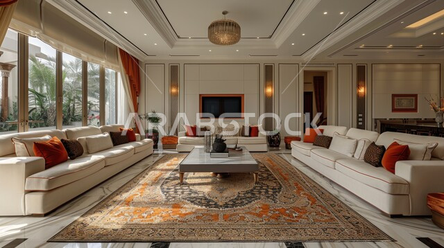 الاهتمام بنبات الزينة المنزلي، النوافذ والواجهات الزجاجية المطلة على الطبيعة، التصاميم الداخلية لغرف الجلوس على الطراز الحديث، غرفة معيشة مع أثاث منزلي فاخر، ديكور داخلي راقي للفلل والشقق السكنية في المملكة العربية السعودية