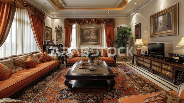 الاهتمام بنبات الزينة المنزلي، النوافذ والواجهات الزجاجية المطلة على الطبيعة، التصاميم الداخلية لغرف الجلوس على الطراز الحديث، غرفة معيشة مع أثاث منزلي فاخر، ديكور داخلي راقي للفلل والشقق السكنية في المملكة العربية السعودية