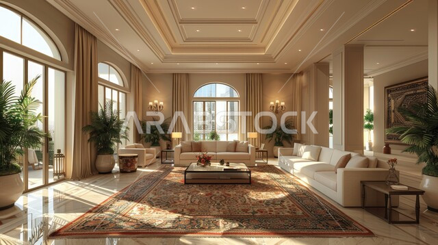 ديكور داخلي راقي للفلل والشقق السكنية في المملكة العربية السعودية، الاهتمام بنبات الزينة المنزلي، النوافذ والواجهات الزجاجية المطلة على الطبيعة، التصاميم الداخلية لغرف الجلوس على الطراز الحديث، غرفة معيشة مع أثاث منزلي فاخر