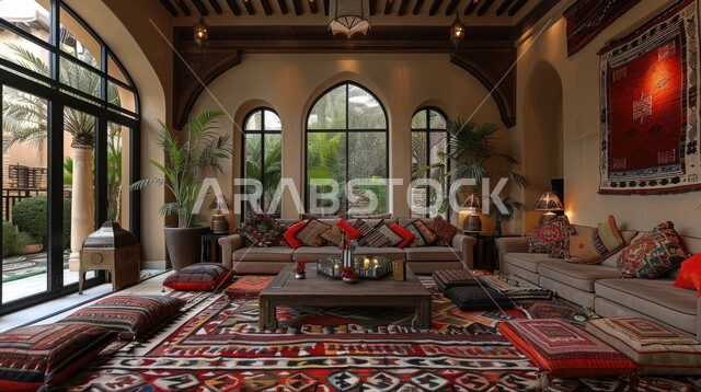 Sophisticated interior decor for villas and residential apartments in the Kingdom of Saudi Arabia, interest in ornamental home plants, windows and glass facades overlooking nature, interior designs for living rooms in a modern style, a living room with luxury home furniture